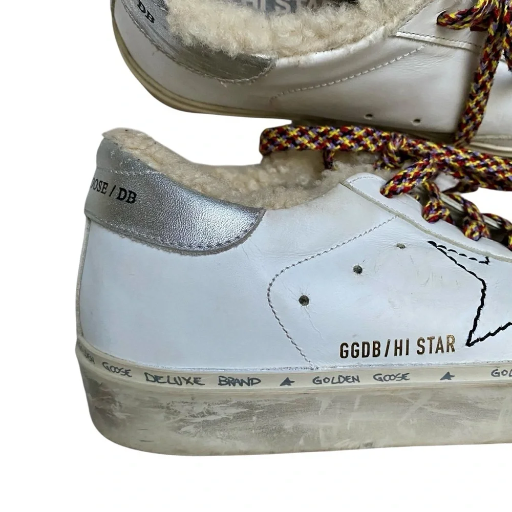 Golden Goose Hi Star Shearling Platform Sneakers White Silver EU 38 US 8